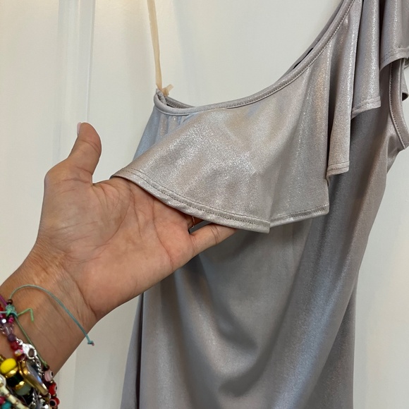 Metallic Silver One-Shoulder Ruffle Top Made in France Size S - Picture 3 of 8